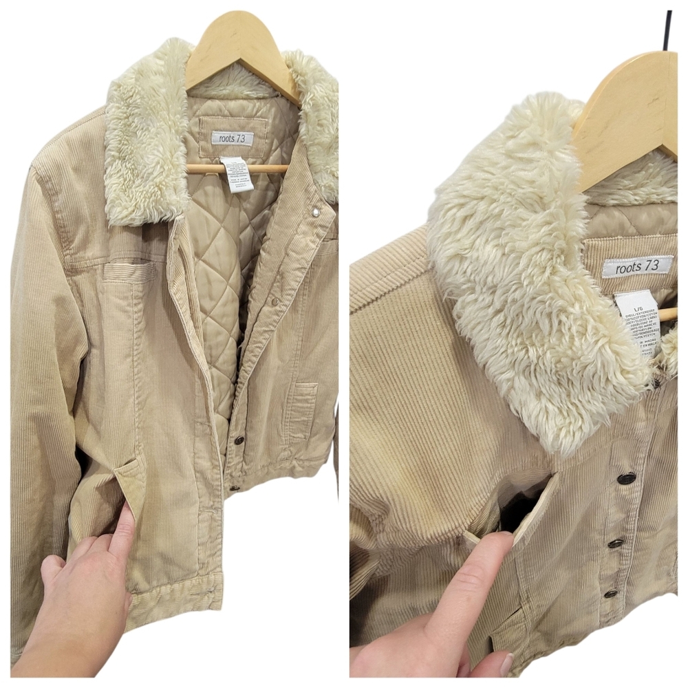 Roots 73 Corduroy Sherpa Collar Trucker Jacket Tan Quilted Lined Barn Women’s L - Picture 11 of 16